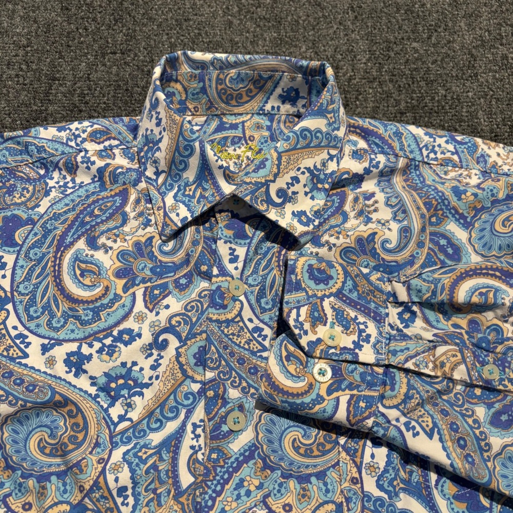 Alan Flusser Mens Blue Paisley Cotton Long Sleeve Button Down Shirt Size Medium